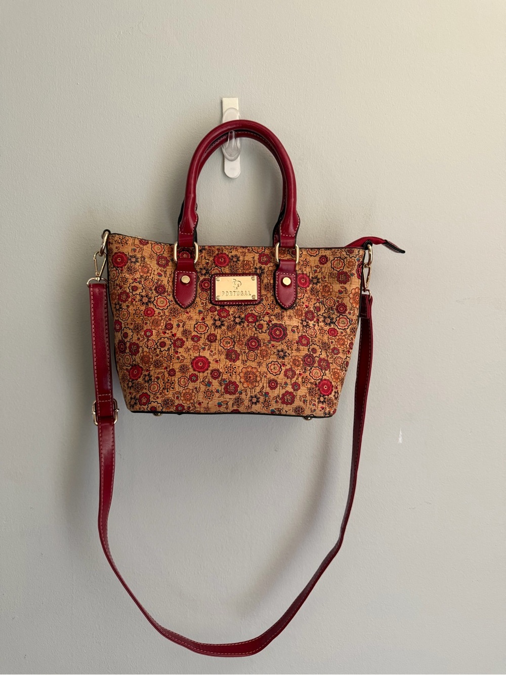 Portuguese Cork Floral Handbag Purse Galo de Barcelos Made in Portugal Burgundy